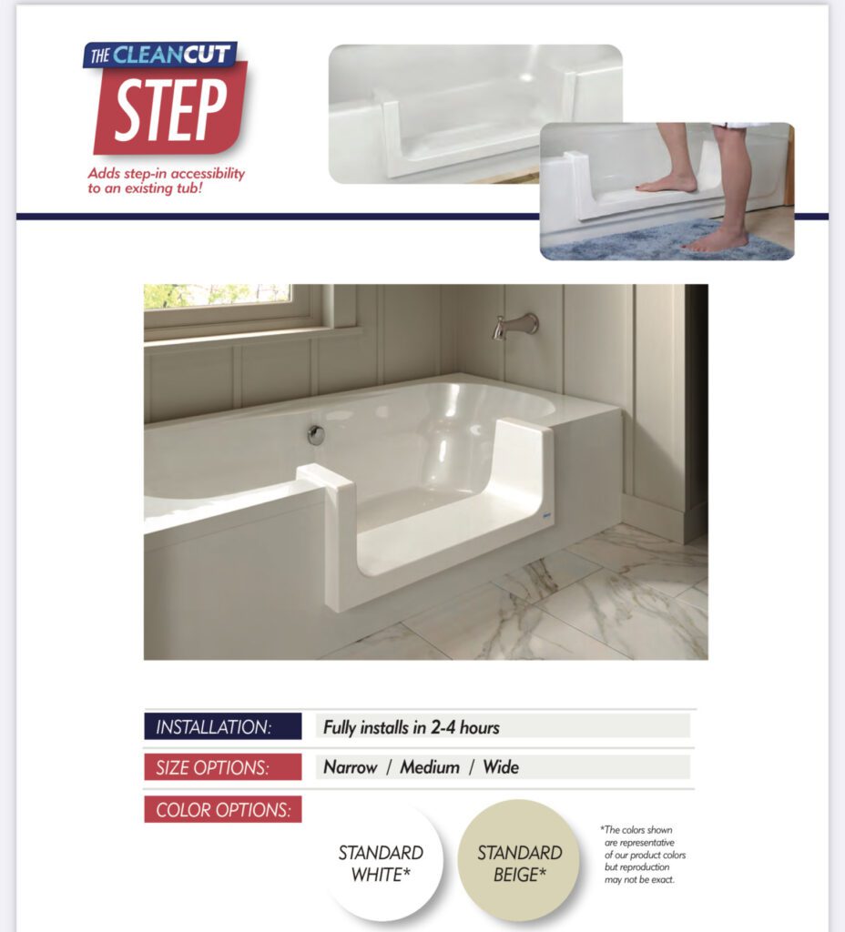 White bathtub with walk-in step.